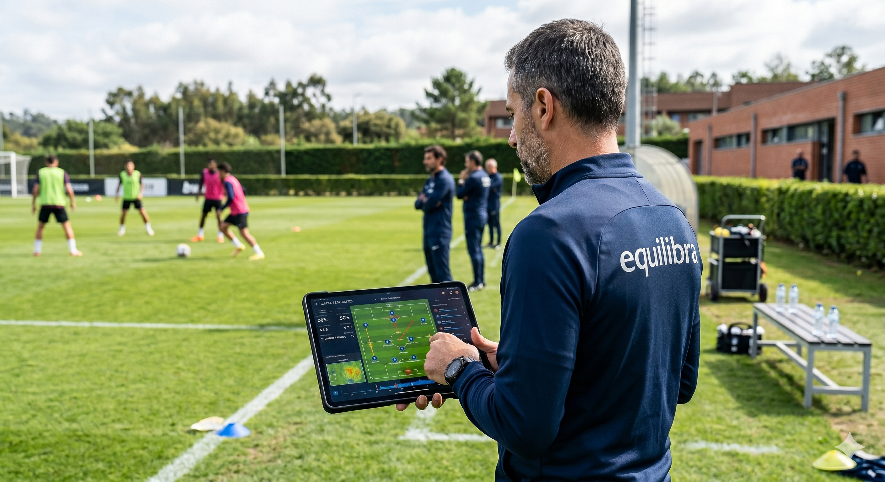 Entrenador observando una sesión de fútbol con una tablet de análisis en cancha